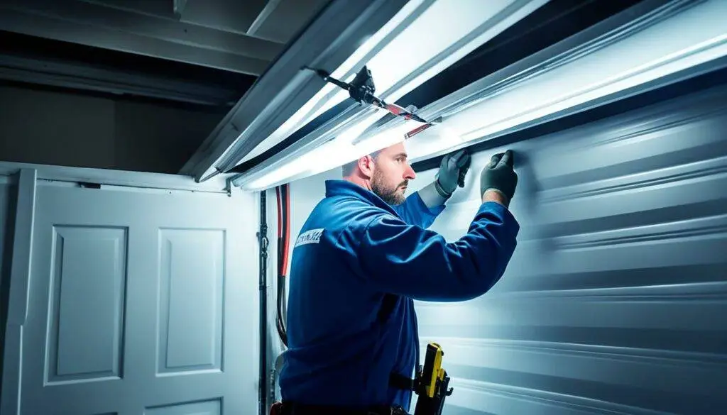 Professional repairing a garage door