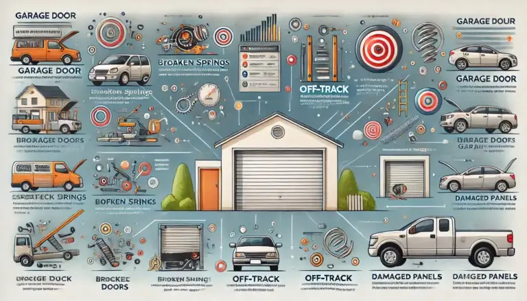 Infographic showing common garage door problems like broken springs, off-track doors, and damaged panels.