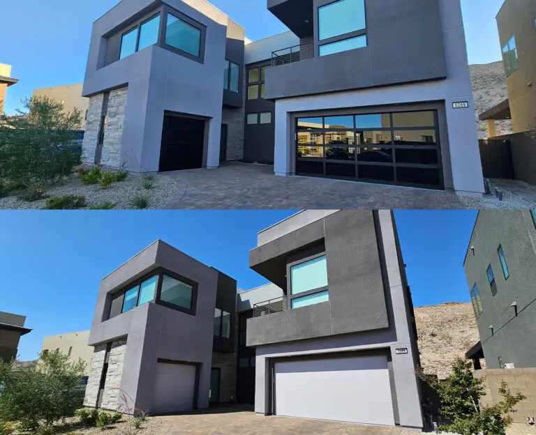 Before and after glass garage door installation in Las Vegas